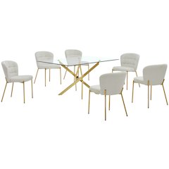 Rectangle Tempered Glass Dining Table With 6 Cream Side Chairs