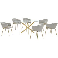 7Pc Rectangle Glass Dining Table With 6 Gray Side Chairs