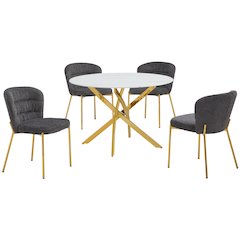 Round White Marble Wrap Glass Ding Table With 4 Dark Grey Side Chairs