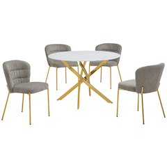 Round White Marble Wrap Glass Ding Table With 4 Grey Side Chairs