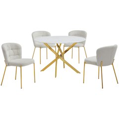 Round White Marble Wrap Glass Ding Table With 4 Cream Side Chairs