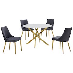 5Pc Round Marble Wrap Tempered Glass Dining Set With 4 Dark Gray Side Chairs