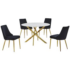5Pc Round Marble Wrap Tempered Glass Dining Set With 4 Black Side Chairs