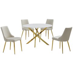 5Pc Round Marble Wrap Tempered Glass Dining Set With 4 Cream Side Chairs