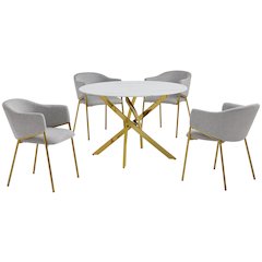 Round Marble Wrap Tempered Glass Dining Table With 4 Linen Gray Side Chairs