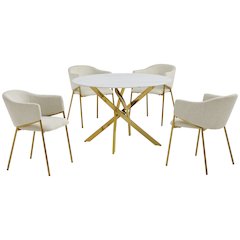 Round Marble Wrap Tempered Glass Dining Table With 4 Linen Beige Side Chairs