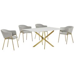 Rectangle Marble Wrap Tempered Glass Dining Table With 4 Linen Gray Side Chairs