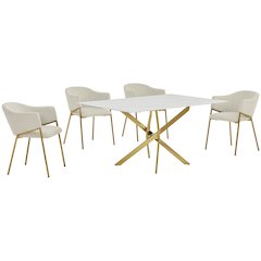 Rectangle Marble Wrap Tempered Glass Dining Table With 4 Linen Beige Side Chairs