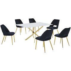 Best Quality Furniture Glass With White Marble Wrap Dining Set And Black Chairs