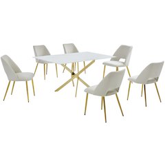Best Quality Furniture Glass With White Marble Wrap Dining Set And Cream Chairs
