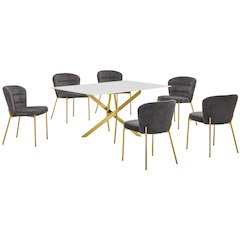 Rectangle Tempered Glass Dining Table With 6 Dark Grey Side Chairs