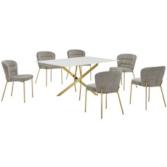 Rectangle Tempered Glass Dining Table With 6 Grey Side Chairs