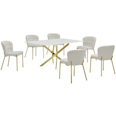 Rectangle Tempered Glass Dining Table With 6 Cream Side Chairs