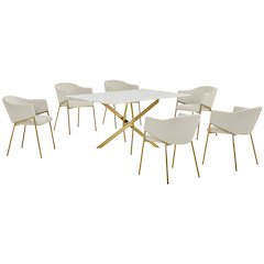 Rectangle Marble Wrap Tempered Glass Dining Table With 6 Linen Beige Side Chairs