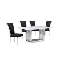 5pc Small(68") marble top dining set with silver base and 4 Black side chairs