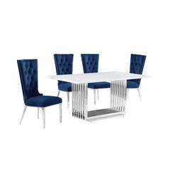 5pc Small(68") marble top dining set with silver base and 4 Navy Blue chairs