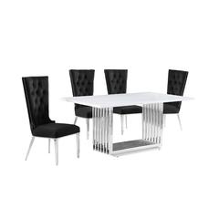 5pc Small(68") marble top dining set with silver base and 4 Black side chairs