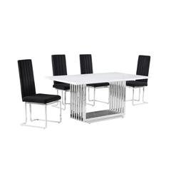 5pc Small(68") marble top dining set with silver base and 4 Black side chairs