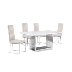 5pc Small(68") marble top dining set with silver base and 4 Cream side chairs