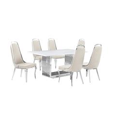7pc Small(68") marble top dining set with silver base and 6 Cream side chairs