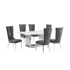 7pc Small(68") marble top dining set with silver base and 6 Dark grey chairs