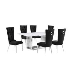 7pc Small(68") marble top dining set with silver base and 6 Black side chairs