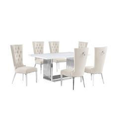7pc Small(68") marble top dining set with silver base and 6 Cream side chairs