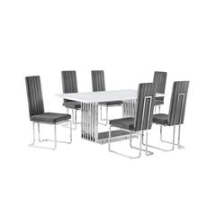 7pc Small(68") marble top dining set with silver base and 6 Dark grey chairs