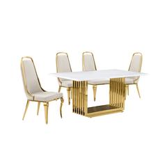 5pc Small(68") marble top dining set with gold base and 4 Cream side chairs