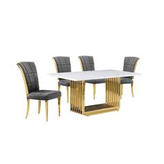 5pc Small(68") marble top dining set with gold base and 4 Dark grey side chairs