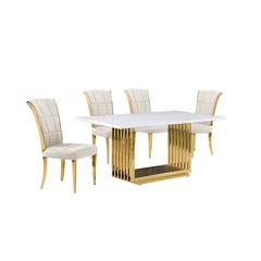 5pc Small(68") marble top dining set with gold base and 4 Cream side chairs