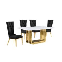 5pc Small(68") marble top dining set with gold base and 4 Black side chairs
