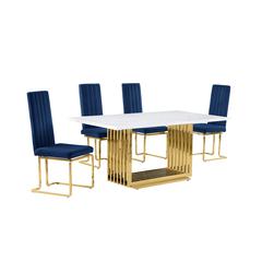 5pc Small(68") marble top dining set with gold base and 4 Navy Blue side chairs