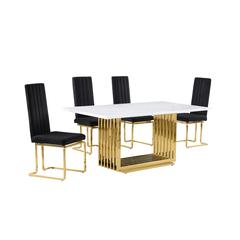5pc Small(68") marble top dining set with gold base and 4 Black side chairs