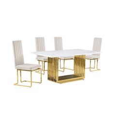 5pc Small(68") marble top dining set with gold base and 4 Cream side chairs