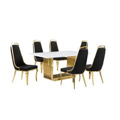 7pc Small(68") marble top dining set with gold base and 6 Black side chairs
