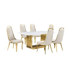7pc Small(68") marble top dining set with gold base and 6 Cream side chairs