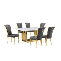 7pc Small(68") marble top dining set with gold base and 6 Dark grey side chairs