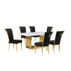 7pc Small(68") marble top dining set with gold base and 6 Black side chairs