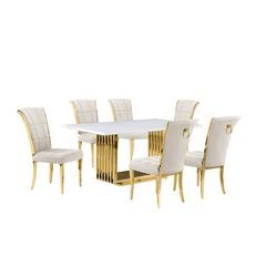 7pc Small(68") marble top dining set with gold base and 6 Cream side chairs