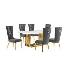 7pc Small(68") marble top dining set with gold base and 6 Dark grey side chairs