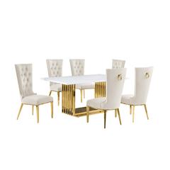 7pc Small(68") marble top dining set with gold base and 6 Cream side chairs