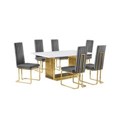 7pc Small(68") marble top dining set with gold base and 6 Dark grey side chairs