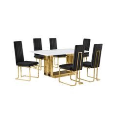 7pc Small(68") marble top dining set with gold base and 6 Black side chairs