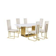 7pc Small(68") marble top dining set with gold base and 6 Cream side chairs