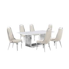 7pc Large(79") marble top dining set with silver base and 6 Cream side chairs