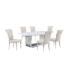 7pc Large(79") marble top dining set with silver base and 6 Cream side chairs