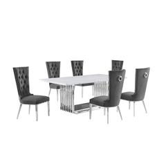 7pc Large(79") marble top dining set with silver base and 6 Dark grey chairs