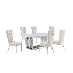 7pc Large(79") marble top dining set with silver base and 6 Cream side chairs