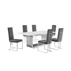 7pc Large(79") marble top dining set with silver base and 6 Dark grey chairs